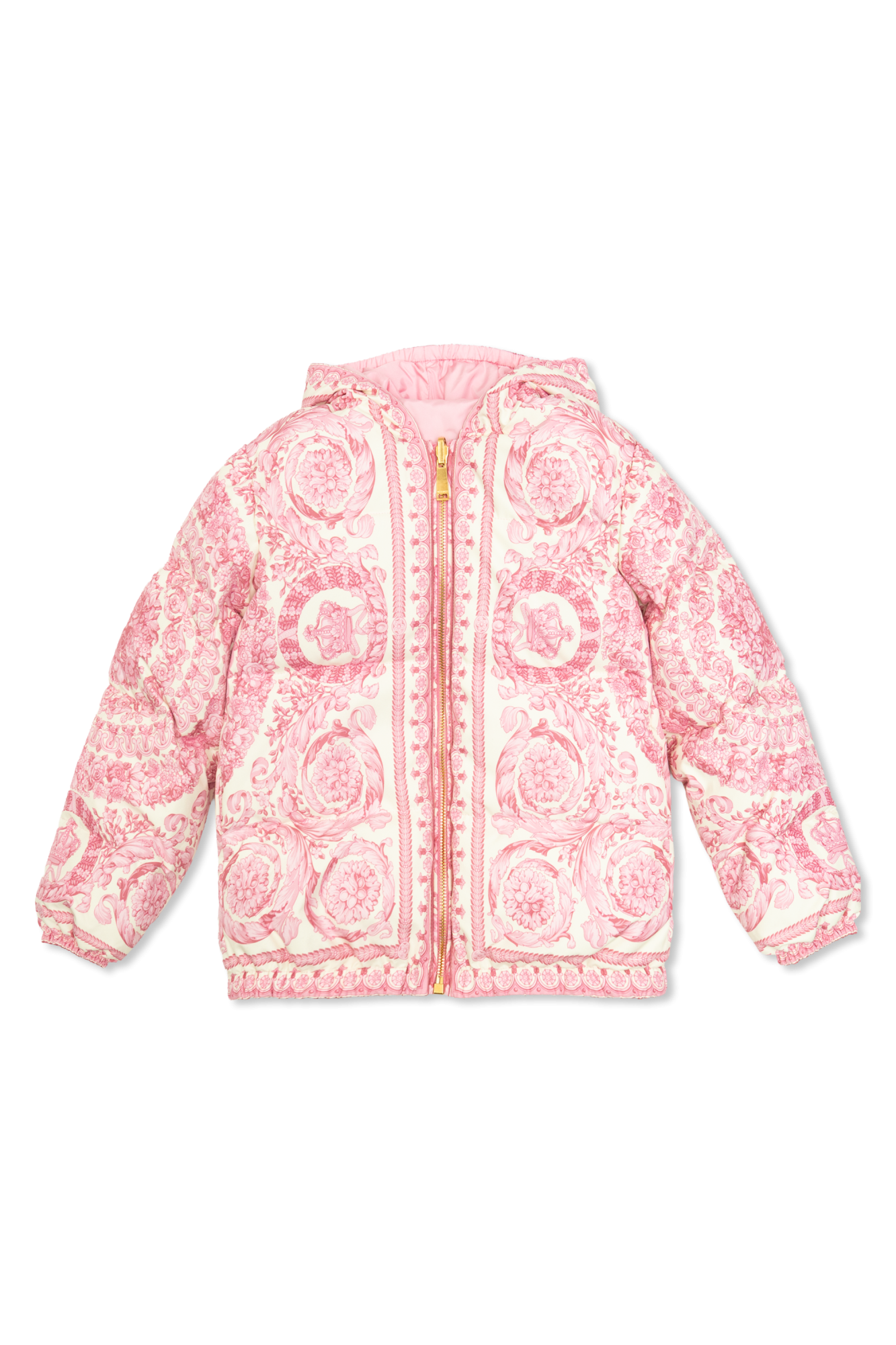 【関税＆送料込み】Versace Pink Cotton Blend Jacket VERSACE Silk Blend Hooded Jacket / Newspaper Print
